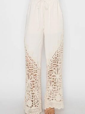 Crochet-Trim Wide-Leg Pants in Cream
